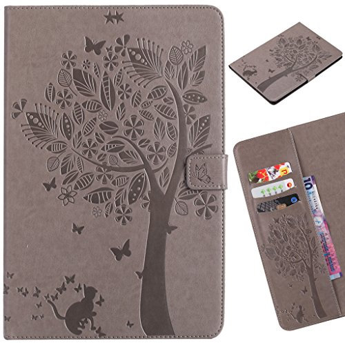 LEMORRY Per Samsung Galaxy Tab E 9.6 / T560 Custodia Pelle Cuoio Flip Portafoglio Borsa Protettivo Magnetico Morbido Silicone TPU Cover Custodia per Galaxy Tab E 9.6, Fortunato Albero (Grigio)