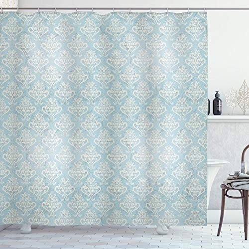 ABAKUHAUS Damast Duschvorhang, Mittelalterlich, Stoffliches Gewebe Badezimmerdekorationsset mit Haken, 175 x 240 cm, Blau Creme