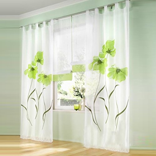 1 Stück Gardine mit Blumen Druck Floral Design Vorhang Transparent Voile Vorhänge (BxH 150x225cm, Grün mit Schlaufen)