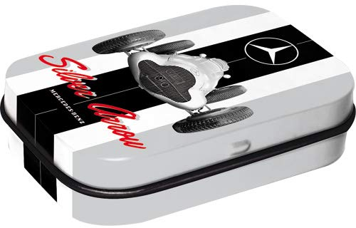 Nostalgic-Art Retro Pillendose, 4 x 6 x 1,6 cm, Mercedes-Benz – Silver Arrow – Geschenk-Idee für Mercedes-Benz Accessoires Fans, mit Pfefferminz-Dragees, Vintage Design