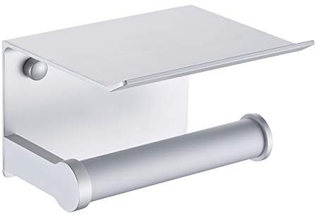 Toilettenpapierhalter mit Ablage – Wandmontage (Aluminium, Silber) – 2-in-1 Design für Badezimmer | 3M Klebefolie & Schraubmontage | Rostfrei, Stauraum für Handy & Zubehör