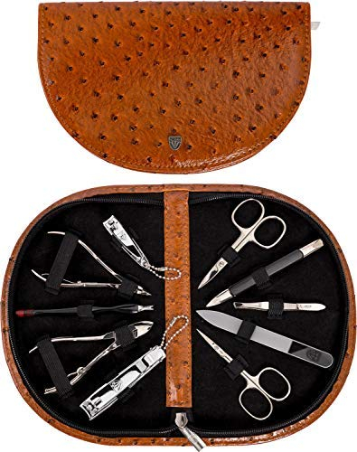 DREI SCHWERTER Germany Maniküre Set Nageletui 'Brescia' - 10-tlg. aus Kunstleder in Straussoptik cognac | Inhalt: Nagelschere, Nagelzange, Glasnagelfeile und vieles mehr