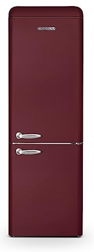SCHNEIDER SCB300VWR, Réfrigérateur combiné vintage, 304L (211+93), Froid brassé, Dégivrage automatique, Pose libre, Pieds réglables, 3 clayettes verre, Rouge bordeaux