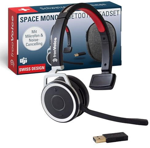 freeVoice Space Mono NC I Kabellose Kopfhörer mit Noise-Cancelling Mikrofon I Bluetooth Headset mit USB-A Dongle I Earphones für bis zu 10 h Gesprächszeit I Over-Ear Headset mit 30 m Reichweite