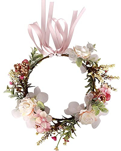 HAOSHICS Couronne florale artificielle pour cheveux - Bandeau de mariée avec ruban - Pour mariage, voyage, vacances, photo (rose)