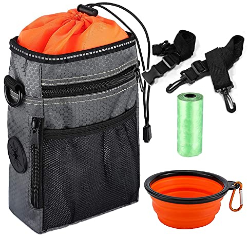 Sac de Dressage pour Chien, avec Distributeur de Sacs à Crottes, Bol d'alimentation Pliable, Bandoulière Réglable à la Taille, Jouets Faciles à Transporter, Nourriture (Gris + Orange)