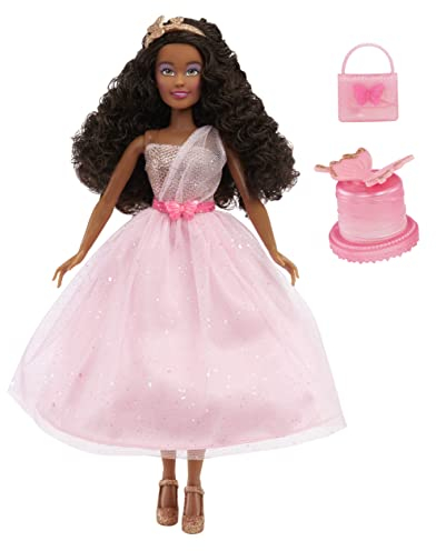 MGA's Dream Ella Let's Celebrate Puppe - Yasmin - 29 cm große Schwarzhaarige Party Modepuppe - Rosa & Gold Glitter Konfettischmetterlinge - 5 Accessoires - Für Sammler & Kinder ab 4 Jahren