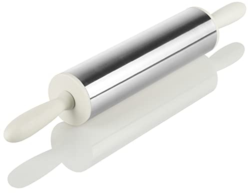 com-four® Teigrolle aus Edelstahl - Nudelholz als Backzubehör - Backrolle mit Kunststoffgriffen - zum Ausrollen von Fondant und Teig (1 Stück - hellgrau)