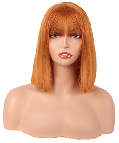 MapofBeauty 12 Zoll/30 cm Gerade Bob Mit Flat Pony Kurze Bunt Synthetische Haarfasern Cosplay Partys Perücke (Orange)