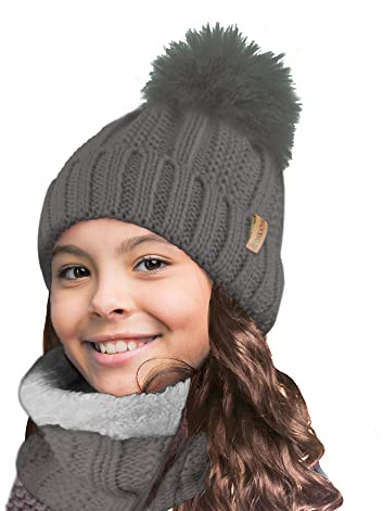 TOSKATOK Niños Niñas Invierno Rib Seed Stitch Térmico Cálido Acogedor Forro Polar Calentador De Cuello Snood Bufanda Con Conjunto De Gorro