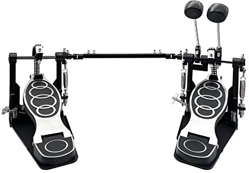 HWIUS Double pédale de grosse caisse, double chaîne double pédale de grosse caisse, double pédale de grosse caisse avec patch costume pour grosse caisse et tambour électronique noir argenté