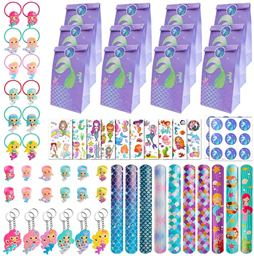 88Pcs Meerjungfrauen Party Set,Meerjungfrau Party Taschen mit Slap Armbänder Meerjungfrau Ring Kinder Schlüsselanhänger Tattoo Aufkleber,Kindergeburtstag Meerjungfrau Set für Mädchen Gastgeschenk
