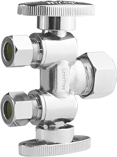 WiseWater 1/2 NOM (5/8 OD) x 3/8 OD x 3/8 OD Compression Dual Shut Off Valve, Chrome Plated Brass 1/4 Turn Double Straight Stop for Refrigerator, Ice Maker, Coffee Brewers, Water Filters (1 Pack)
