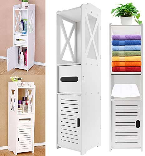 AUTOFU Bathroom Waterproof Cabinet with Paper Drawer, Slim Tall Toilet Storage Cupboard, White Organizer Shelves, Free-standing Storage Cabinet, Tall Corner Shelf