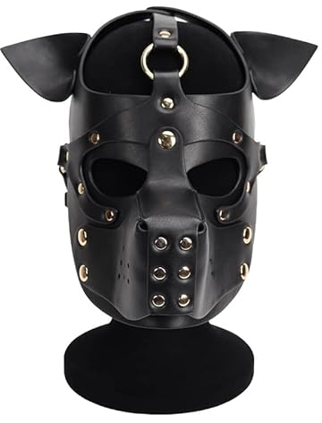 ALMYMM Hundemaske, Leder Puppy Maske Petplay Hunde maske mit Ohren Welpenmaske Hunde Masken, Abnehmbarer Mund für Halloween, Urlaubsparty Cosplay Kostüm Herren (Schwarz)