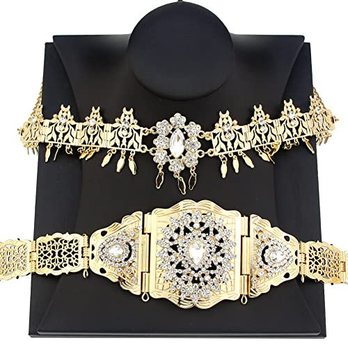 Algerien Kopf Kette Kaftan Gürtel Marokko Hochzeit Braut Schmuck 18K Gold Farbe Kristall Taille Kette