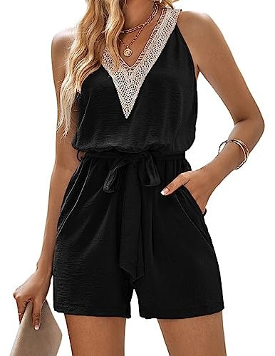 KOEMCY Women's Loose V Neck Jumpsuit Short Sleeve Playsuits Summer Casual Romper One Piece Overalls Waist Tie Short Jumpsuit with Pocket (Black, L)