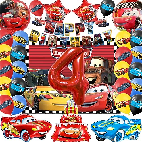 SWOKKTS Cars Geburtstag Deko 4 jahre, Kinder Auto Geburtstagsdeko 4 jahre, Auto Luftballons Geburtstag Jungen Mädchen, Cars Geburtstagsbanner Folienballon und Hintergrund (Rot Zahlenballons 4)