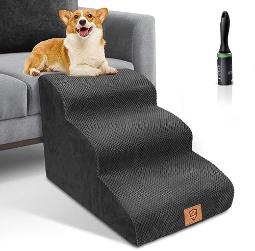 HEVOL Hundetreppe für Kleine Hunde, Haustiertreppe 3 Stufen, Hochdichtem Schwamm Hundetreppen 40cm Hoch, Hunde Treppe mit Waschbarem Bezug, Rutschfestem Hunderampe für Bett & Sofa, Schwarz