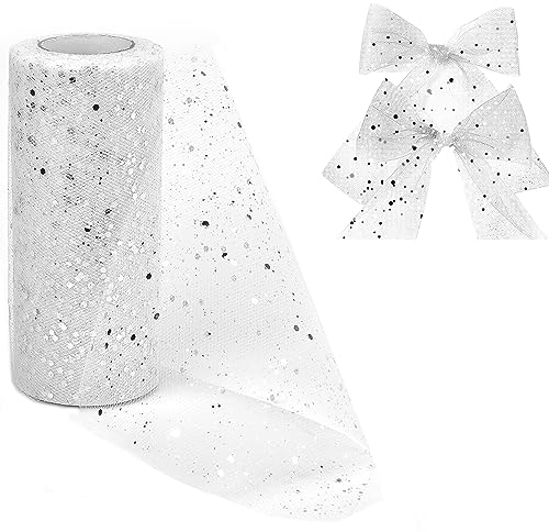 HAOMEEDUO Glitzer Tüll Tüllband mit kleine Pailletten Rolle Tüll Stoff mit Glitzern Dekostoff Tischband Glitzertüll für Hochzeit Party Bankett Deko Handwerk Hochzeit Geschenk Bogen (15cm*30m, Weiß)