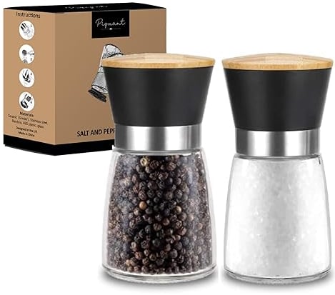 Salt and Pepper Mills Grinder Set of 2 Refillable Ceramic Grinder Adjustable Levels Kitchen Gifts… (Black)