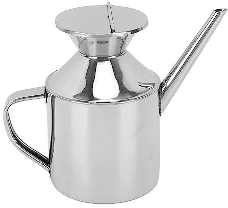 Tissting Speiseölkanne Ölkanne 450ml Silber Edelstahl Olivenöl Ölspender mit Auslaufsichere Deckel, Zutatenspender Ölflasche Gewürzkessel Kännchen für Öl, Essig, Sauce(Mit Griff)