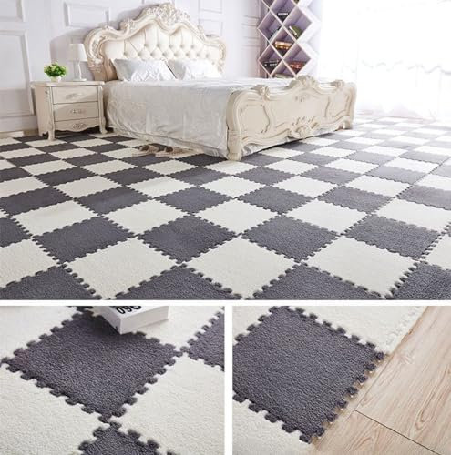 Plush Foam Floor Tiles Mat, Fluffy Crawling Mats Playmats Puzzle Area Rug, Bedroom Non-slip Soft Interlocking Carpet for Home Playroom Decoration (40Pcs,Grey and White)