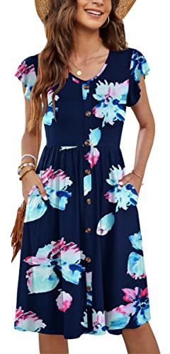 MOLERANI Women Summer Dresses V Neck Ruffle Sleeve Casual Swing Elastic Waist Midi Dress with Pockets