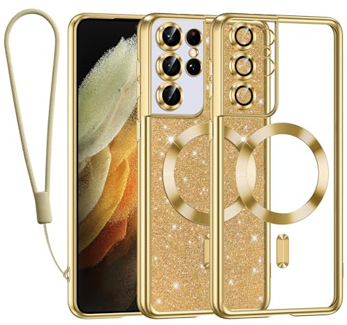 Kokio Handykette für Samsung Galaxy S21 Ultra Hülle mit Band, [Kompatibel mit MagSafe] Glitzer Magnetisch Handyhülle für Samsung S21 Ultra Weich Silikon TPU Stoßfeste Schutzhülle, Gold