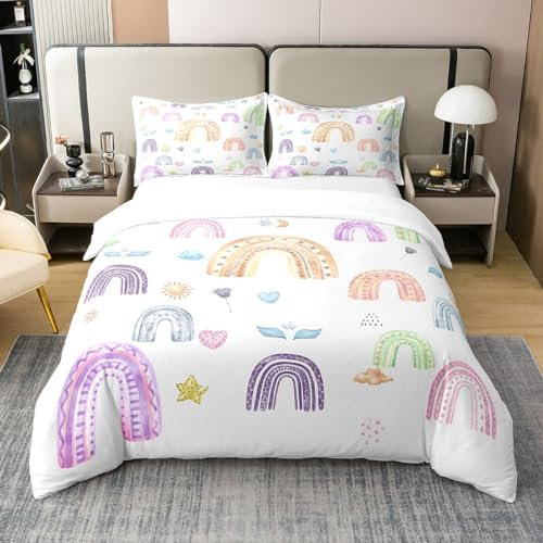 Aquarell Regenbogen 100% Baumwolle Bettbezug 155x220 Stern Sonne Mond Bettwäsche Set für Mädchen Botanische Blumen Wolke Tröster Abdeckung Pastell Regenbogen Quilt Cover 1 Kissenbezug Zimmer Dekor