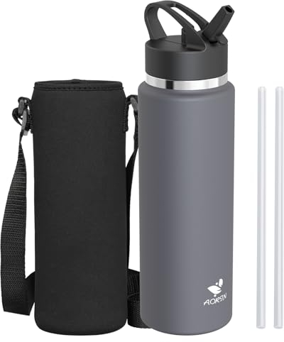 AORIN Gourde Isotherme – 1L – Bouteille d'eau Isotherme avec Paille – Bouteilles Metal Étanche Large Bouche pour Garder Chaudes et Froides – Gourde sans BPA pour Gym, Sport, Voyages