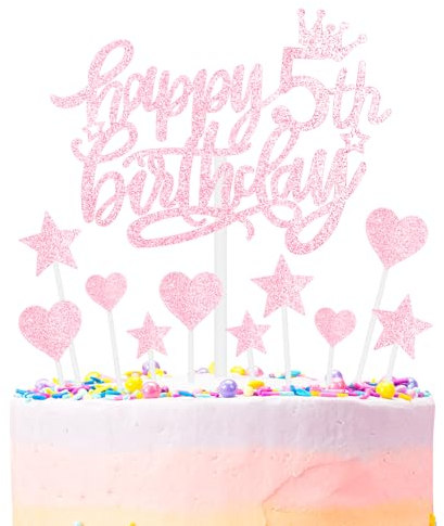mciskin Happy 5th Birthday Cake Toppers - Pink & Glitter Heart Stars for Girls' 5th Birthday Cake Decorations