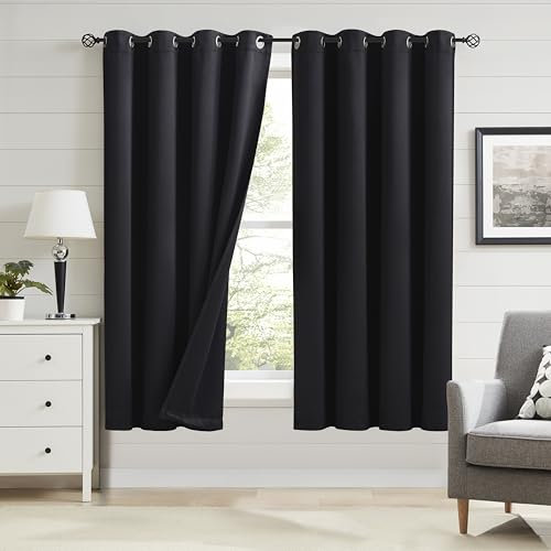 Bujasso Black Full Blackout Curtains Triple Layer Thermal Insulated Window Panels 72 inches Long for Living Room Bedroom Understated luxury Black Draps Grommet Top 2 Panels 45 Wx72 L