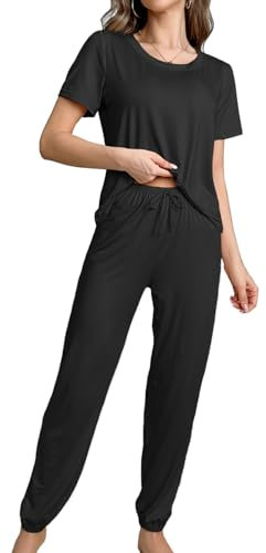 Bunanphy Women Pyjama Set Cotton Short Sleeve Loungewear 2 Pieces Top & Pant Sleepwear Soft Nightwear Ladies Pjs Set Black X-Large