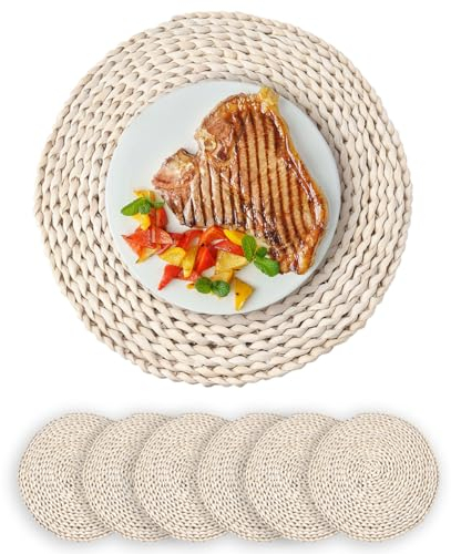 Ruayia Tischset Platzset Rund Geflochten aus Wasserhyazinthe, 6er Set Tischsets Abwaschbar Geflochten Platzdeckchen Hitzebeständig für Esszimmer, Küche, Hochzeit, Party, 33cm