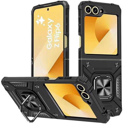 KANSi Cover per Samsung Galaxy Z Flip 6, Vetro Temperato [2 Pack] Custodie Silicone TPU 360° Rotante Anello Magnetica Anello Ring Supporto Bumper - Nero