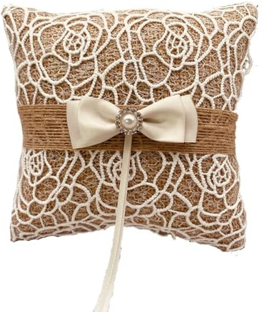 Hrlace Hochzeit Ringkissen Vintage Jute Spitze Ehering Kissen Satinband Jute Ringkissen für Rustikale Hochzeits Accessoires Ringe Ohrringe Armbänder 15 x 15cm 2#