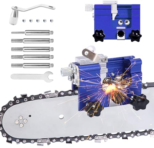 Kettensäge Schärfgerät, Tragbar Handkurbeln Kettensägenschärfer Kit mit 5 Schleifköpfen, Kettenschärfgerät, Zahnschärfer, Sägeketten Schärfgerät für alle Arten von Kettensägen für Holzfäller, Gärtner