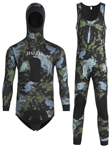 LEIDIMUS Traje de pesca submarina de neopreno de 3 mm, 2 piezas, camuflaje, con capucha para agua fría, buceo libre, natación, surf, XL