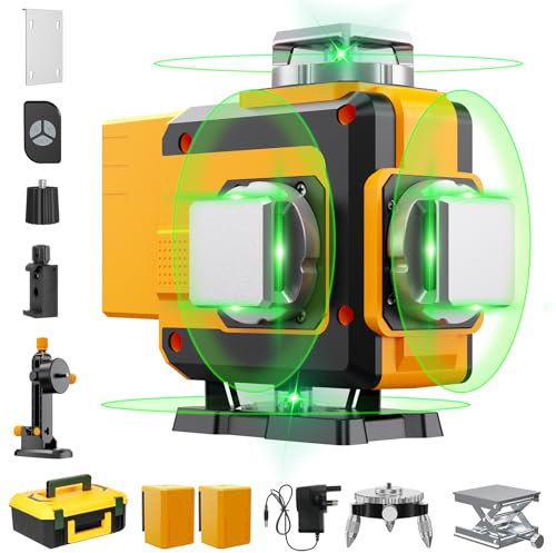 Livella Laser Verde 4x360°, Livello Laser Professional 4D 16 Fili, Livella Laser Autolivellante, IP54 Antipolvere, Impermeabile, 2 Batterie Ricaricabili da 4800 mAh