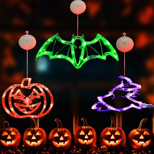 KEELYY Halloween Deko LED 3 Stück Halloween Fensterlichter mit Saugnapf, Kürbis Fledermäuse Hexenhut Fensterdeko Lichter, Fenster Beleuchtung Deko, Batteriebetriebene Lamp für Fensterdeko