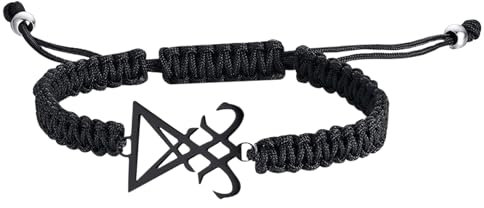 JewelryWe Luzifer Armband für Herren Damen: Schwarz Edelstahl Baphomet Satanisch Siegel von Luzifer Handgefertigt Geflochten Seil Einstellbar Armreif Satan Talisman Amulett Religiöser Schmuck Geschenk