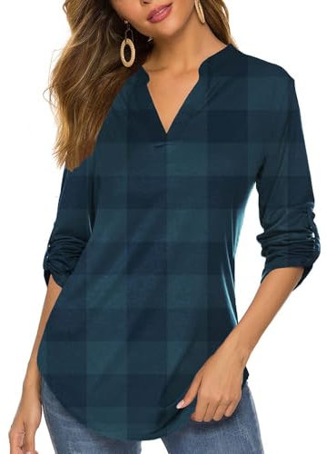 BDTECAOR Damen 3/4 Ärmel Tops Dressy Casual Bluse Lockere Kariertes Shirts Grün kariert XL
