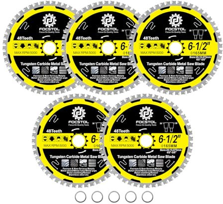 FOCSTOL Hoja Sierra Circular para Corte Metal 165mm x 20mm x 15,875mm - 5 piezas Disco para Corte Metal con 48 Dientes para Acero Metales Acero Inoxidable Ferrosos Tubos Acero
