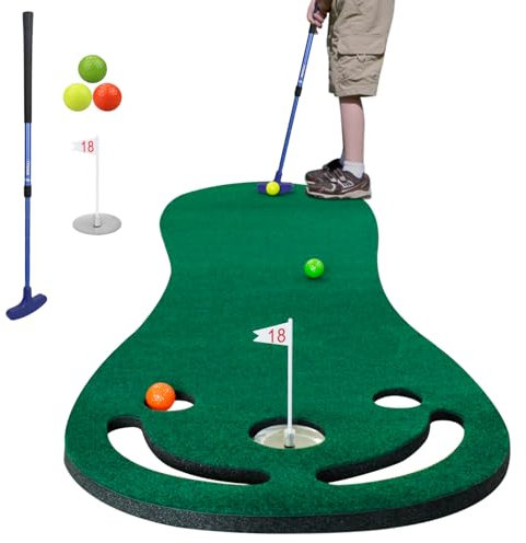 KOFULL Putting Mat Indoor Golf Putting Mat With Adjustable Golf Putter, 3 Golf Balls, Training Aid Put Cup & Flags,Putting Green Mat Indoor Outdoor