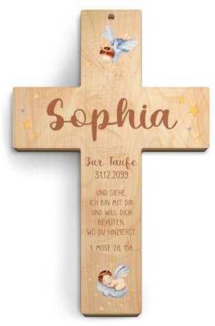 Taufkreuz personalisiert aus Holz Taufgeschenk Mädchen Junge 13x20cm - schlafender Engel - Birkenholz Look