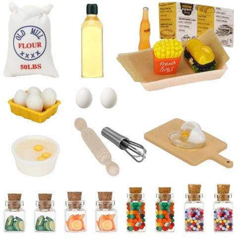 Wichtel Zubehör, 28 Stück Miniatur Puppenhaus Zubehör, Wichtel Zubehör Weihnachten, Süßigkeiten Trinken Eier Backen Set, Wichtelzubehör für Küche Essen Geschenk Deko