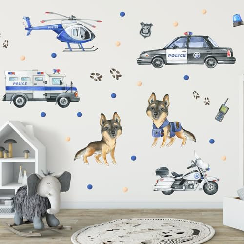 Wally Fox - Wandsticker Kinderzimmer - Wandtattoo Babyzimmer - Ungiftig, sicher, leistungsstark - Set - Polizei, Hubschrauber, Polizeischäferhund - Blau, Schwarz, Weiß