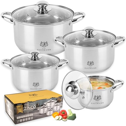 KARL HAUSMANN Lot de 4 Casseroles Induction Inox - Avec Couvercle Verre - Sans Revêtement - Compatibles Cuisinière, Gaz, Électrique - Graduation Intégrée - Set Casserole Tout Feux Cuisine