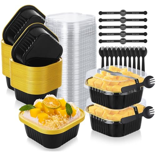 DAJAVE 100 Pack Mini Loaf Tins with Lids, 300ml/10oz Square Mini Loaf Cake Tins with lids Aluminum Small Loaf Cases for Cake, Bread, Dessert (Black and Gold)